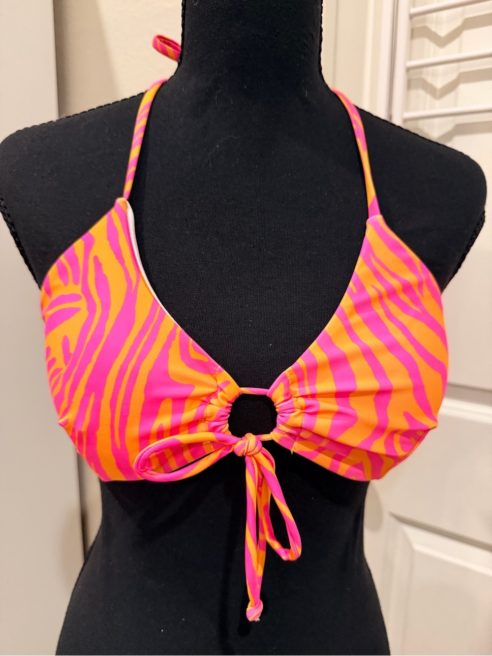 SHEIN Pink and Orange Zebra Print Ring Tie Bikini Top